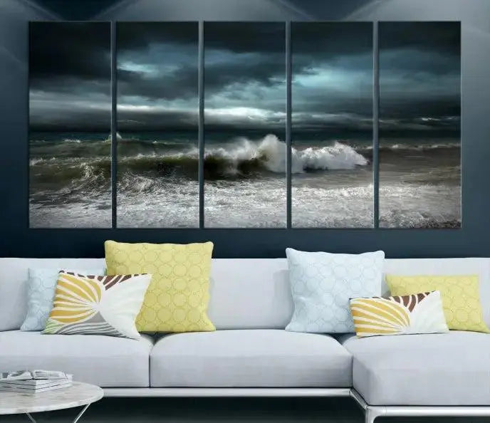 The Dark Storm Wall Art Canvas Print, featuring a breathtaking triptych of ocean waves, is expertly presented with gallery-wrapped edges and a UV-protective coating. It serves as a captivating centerpiece in this inviting living room.