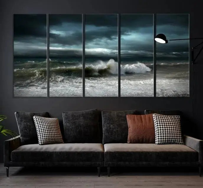 The Dark Storm Wall Art Canvas Print, featuring a breathtaking triptych of ocean waves, is expertly presented with gallery-wrapped edges and a UV-protective coating. It serves as a captivating centerpiece in this inviting living room.