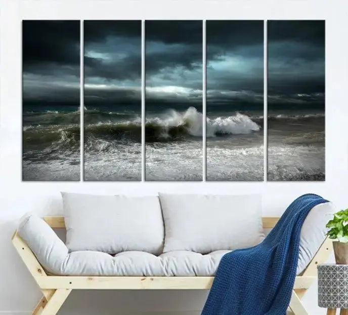 The Dark Storm Wall Art Canvas Print, featuring a breathtaking triptych of ocean waves, is expertly presented with gallery-wrapped edges and a UV-protective coating. It serves as a captivating centerpiece in this inviting living room.