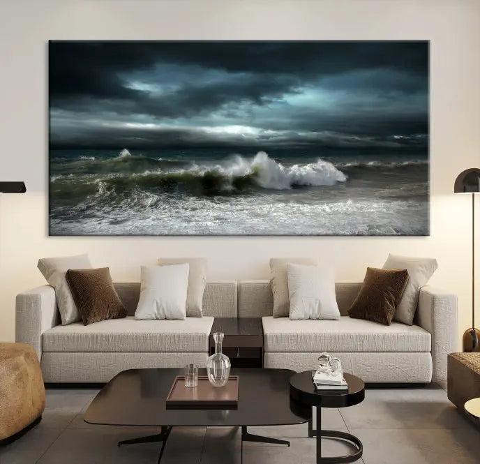 The Dark Storm Wall Art Canvas Print, featuring a breathtaking triptych of ocean waves, is expertly presented with gallery-wrapped edges and a UV-protective coating. It serves as a captivating centerpiece in this inviting living room.