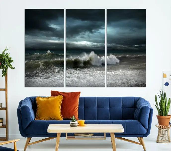 The Dark Storm Wall Art Canvas Print, featuring a breathtaking triptych of ocean waves, is expertly presented with gallery-wrapped edges and a UV-protective coating. It serves as a captivating centerpiece in this inviting living room.