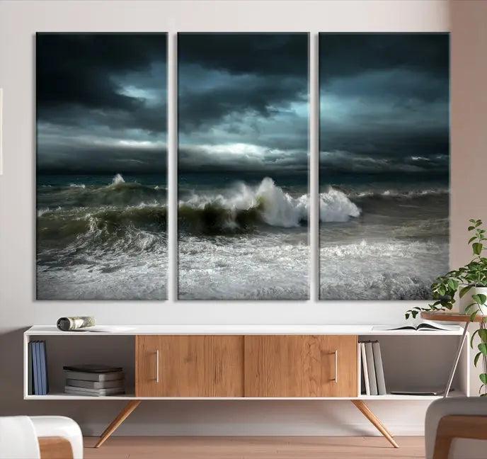 The Dark Storm Wall Art Canvas Print, featuring a breathtaking triptych of ocean waves, is expertly presented with gallery-wrapped edges and a UV-protective coating. It serves as a captivating centerpiece in this inviting living room.