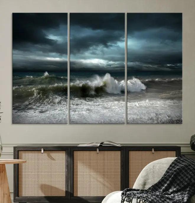 The Dark Storm Wall Art Canvas Print, featuring a breathtaking triptych of ocean waves, is expertly presented with gallery-wrapped edges and a UV-protective coating. It serves as a captivating centerpiece in this inviting living room.