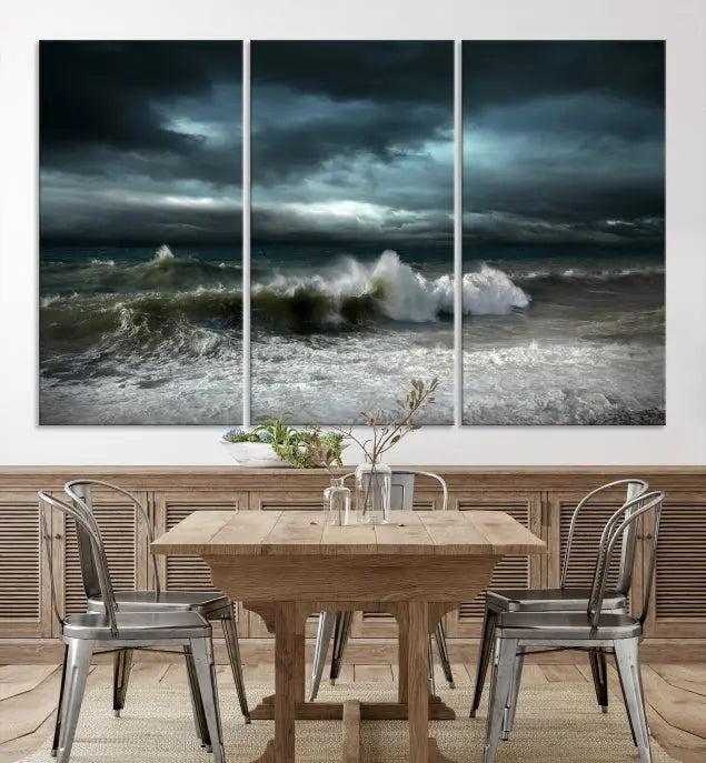 The Dark Storm Wall Art Canvas Print, featuring a breathtaking triptych of ocean waves, is expertly presented with gallery-wrapped edges and a UV-protective coating. It serves as a captivating centerpiece in this inviting living room.