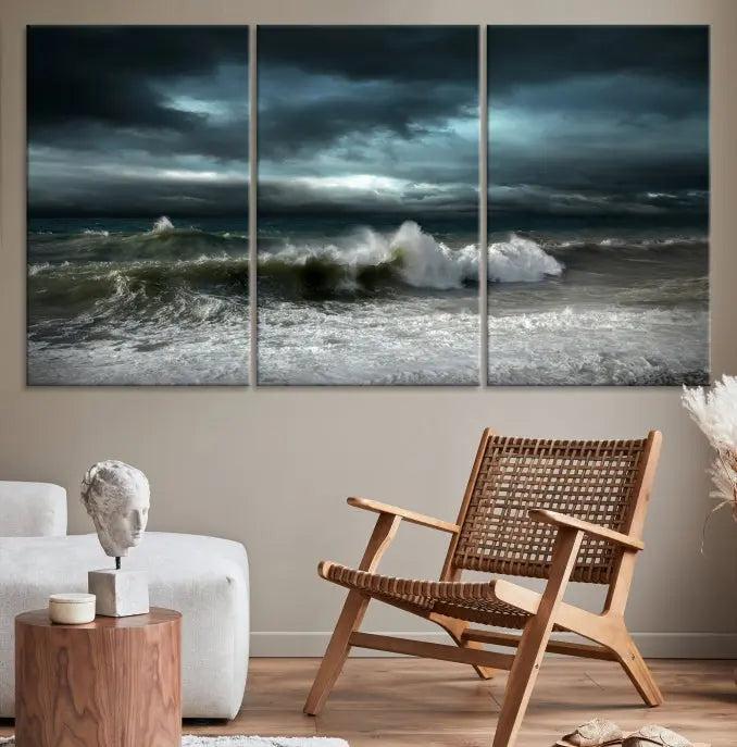 The Dark Storm Wall Art Canvas Print, featuring a breathtaking triptych of ocean waves, is expertly presented with gallery-wrapped edges and a UV-protective coating. It serves as a captivating centerpiece in this inviting living room.