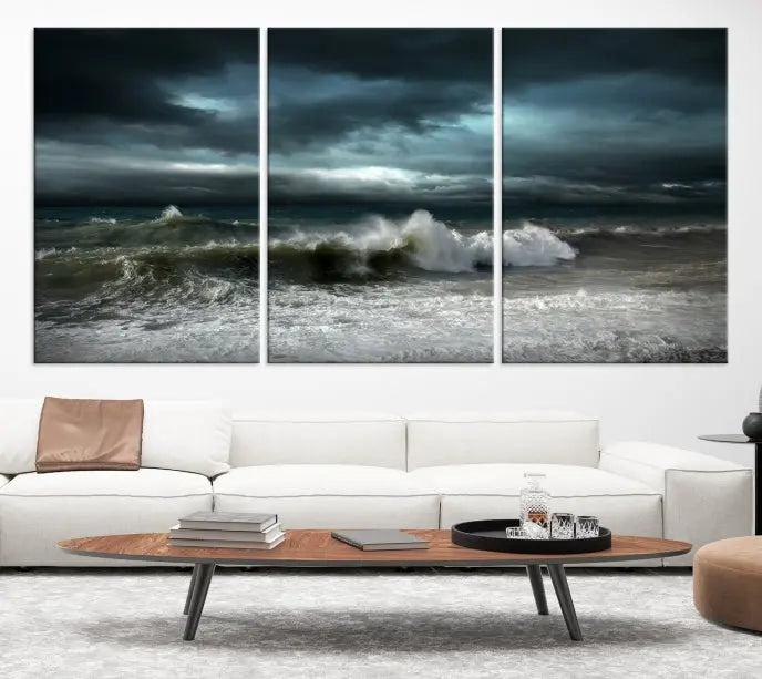 The Dark Storm Wall Art Canvas Print, featuring a breathtaking triptych of ocean waves, is expertly presented with gallery-wrapped edges and a UV-protective coating. It serves as a captivating centerpiece in this inviting living room.