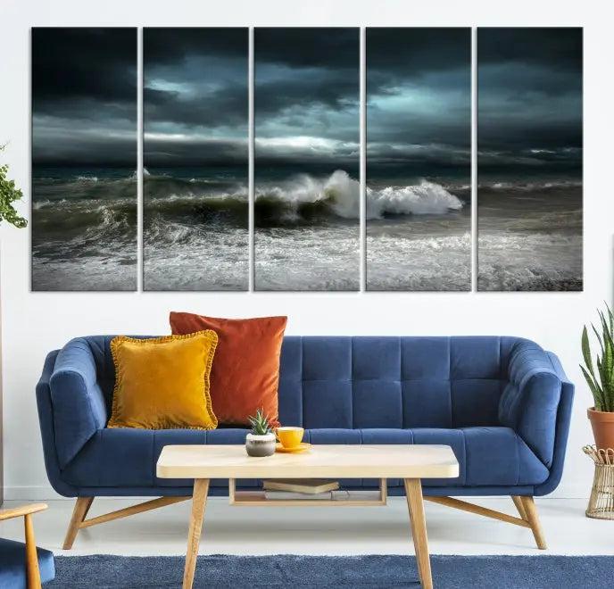 The Dark Storm Wall Art Canvas Print, featuring a breathtaking triptych of ocean waves, is expertly presented with gallery-wrapped edges and a UV-protective coating. It serves as a captivating centerpiece in this inviting living room.