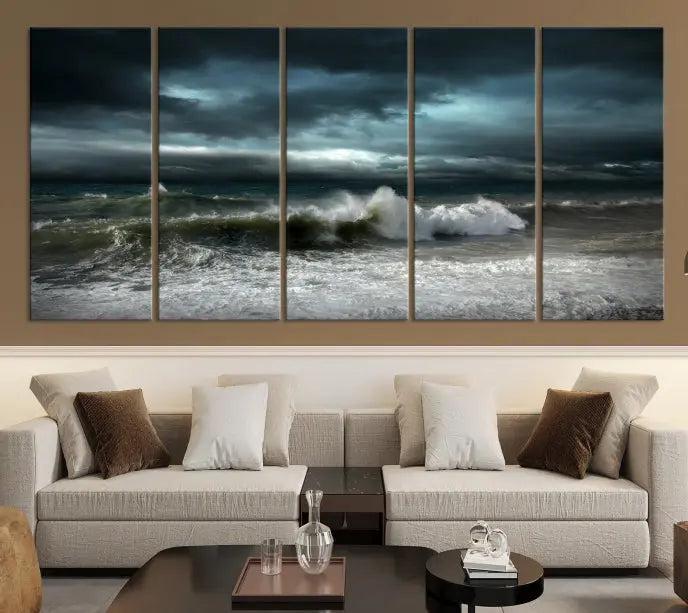 The Dark Storm Wall Art Canvas Print, featuring a breathtaking triptych of ocean waves, is expertly presented with gallery-wrapped edges and a UV-protective coating. It serves as a captivating centerpiece in this inviting living room.