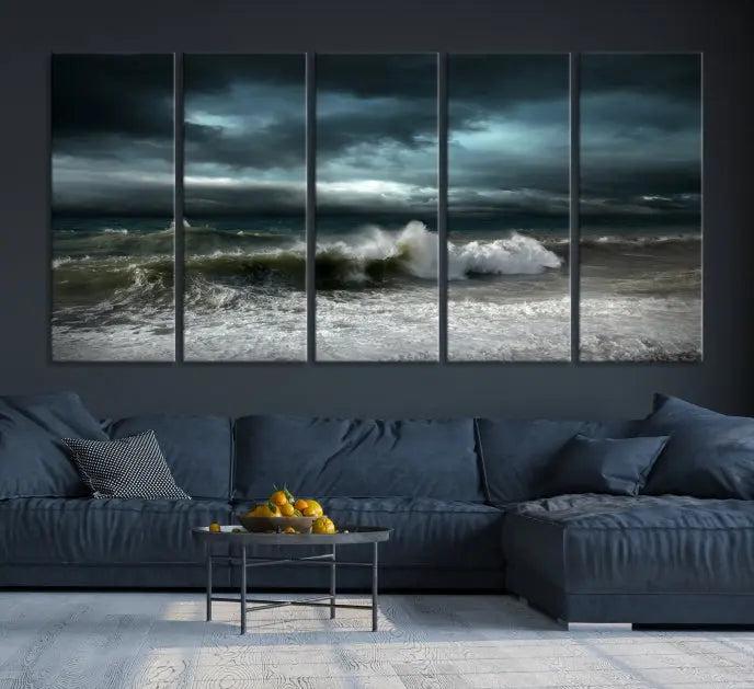 The Dark Storm Wall Art Canvas Print, featuring a breathtaking triptych of ocean waves, is expertly presented with gallery-wrapped edges and a UV-protective coating. It serves as a captivating centerpiece in this inviting living room.