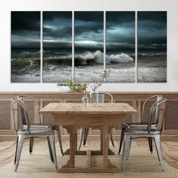 The Dark Storm Wall Art Canvas Print, featuring a breathtaking triptych of ocean waves, is expertly presented with gallery-wrapped edges and a UV-protective coating. It serves as a captivating centerpiece in this inviting living room.