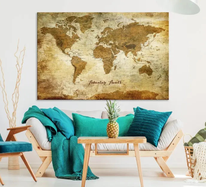 A Dark Theme World Map wall art canvas print, featuring the inspiring text "Adventure Awaits," hangs in this modern room. The map is crafted from museum-quality canvas and coated for UV protection, making it ready to hang.