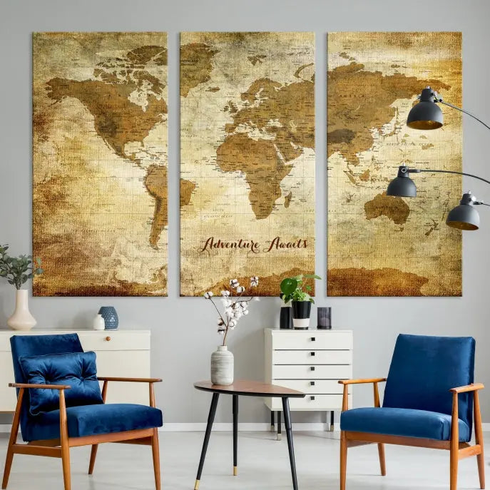 A Dark Theme World Map wall art canvas print, featuring the inspiring text "Adventure Awaits," hangs in this modern room. The map is crafted from museum-quality canvas and coated for UV protection, making it ready to hang.