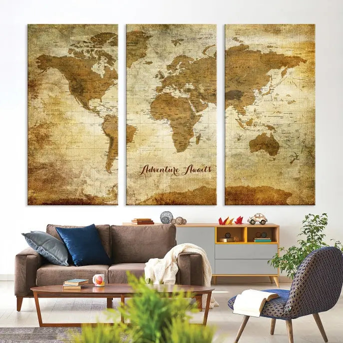 A Dark Theme World Map wall art canvas print, featuring the inspiring text "Adventure Awaits," hangs in this modern room. The map is crafted from museum-quality canvas and coated for UV protection, making it ready to hang.