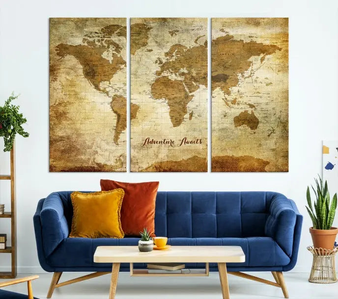 A Dark Theme World Map wall art canvas print, featuring the inspiring text "Adventure Awaits," hangs in this modern room. The map is crafted from museum-quality canvas and coated for UV protection, making it ready to hang.