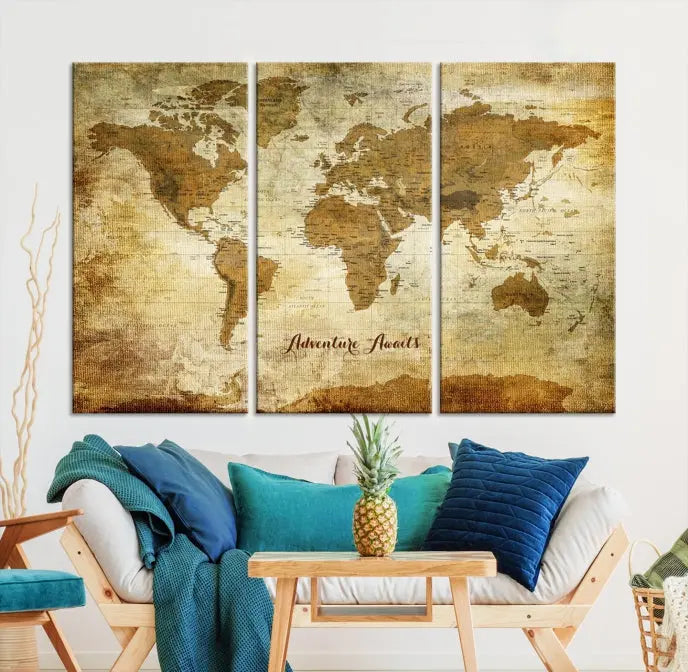 A Dark Theme World Map wall art canvas print, featuring the inspiring text "Adventure Awaits," hangs in this modern room. The map is crafted from museum-quality canvas and coated for UV protection, making it ready to hang.