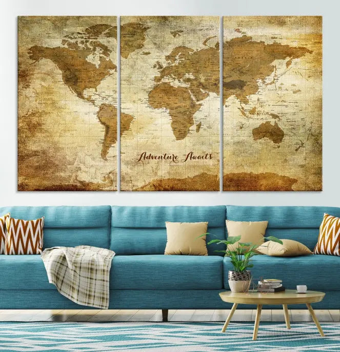 A Dark Theme World Map wall art canvas print, featuring the inspiring text "Adventure Awaits," hangs in this modern room. The map is crafted from museum-quality canvas and coated for UV protection, making it ready to hang.