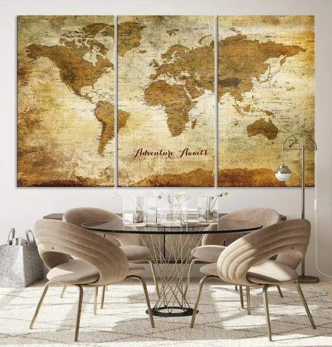 A Dark Theme World Map wall art canvas print, featuring the inspiring text "Adventure Awaits," hangs in this modern room. The map is crafted from museum-quality canvas and coated for UV protection, making it ready to hang.