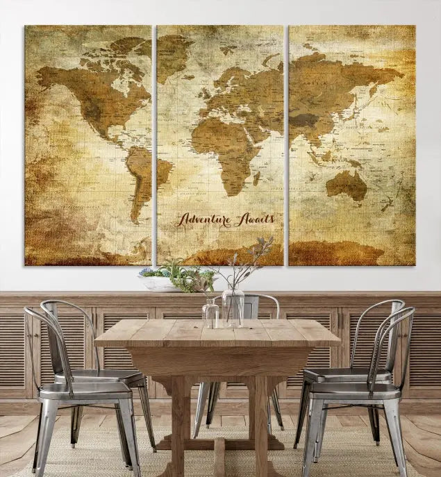 A Dark Theme World Map wall art canvas print, featuring the inspiring text "Adventure Awaits," hangs in this modern room. The map is crafted from museum-quality canvas and coated for UV protection, making it ready to hang.