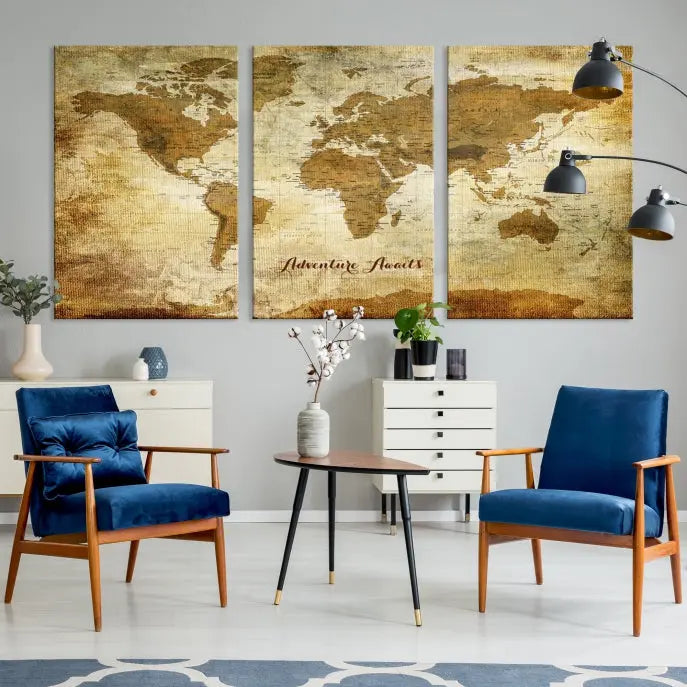 A Dark Theme World Map wall art canvas print, featuring the inspiring text "Adventure Awaits," hangs in this modern room. The map is crafted from museum-quality canvas and coated for UV protection, making it ready to hang.