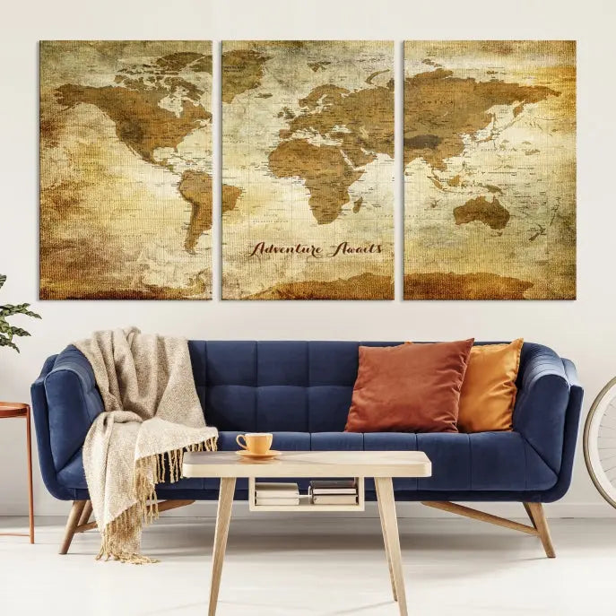 A Dark Theme World Map wall art canvas print, featuring the inspiring text "Adventure Awaits," hangs in this modern room. The map is crafted from museum-quality canvas and coated for UV protection, making it ready to hang.