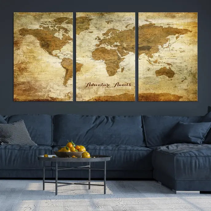 A Dark Theme World Map wall art canvas print, featuring the inspiring text "Adventure Awaits," hangs in this modern room. The map is crafted from museum-quality canvas and coated for UV protection, making it ready to hang.