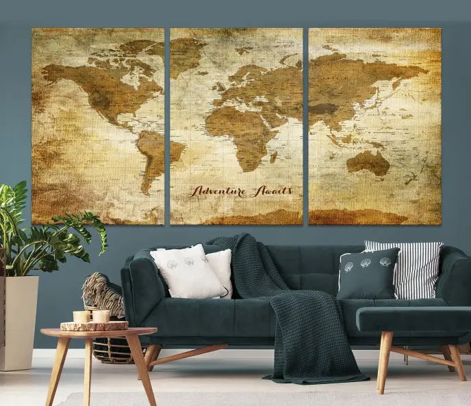 A Dark Theme World Map wall art canvas print, featuring the inspiring text "Adventure Awaits," hangs in this modern room. The map is crafted from museum-quality canvas and coated for UV protection, making it ready to hang.