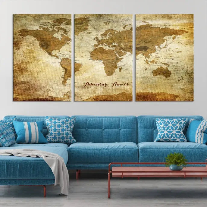 A Dark Theme World Map wall art canvas print, featuring the inspiring text "Adventure Awaits," hangs in this modern room. The map is crafted from museum-quality canvas and coated for UV protection, making it ready to hang.