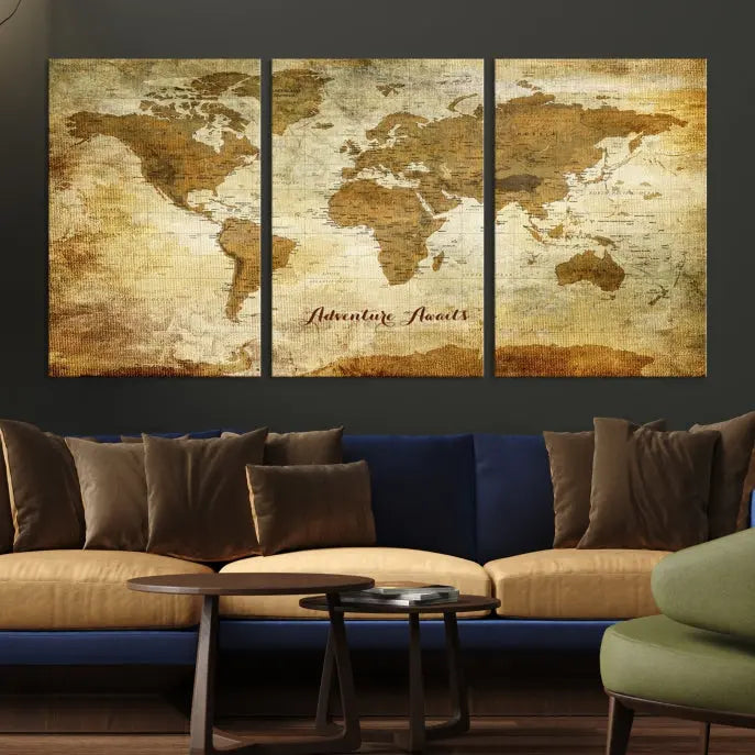 A Dark Theme World Map wall art canvas print, featuring the inspiring text "Adventure Awaits," hangs in this modern room. The map is crafted from museum-quality canvas and coated for UV protection, making it ready to hang.