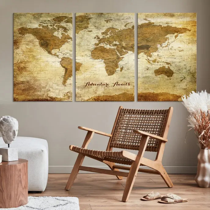 A Dark Theme World Map wall art canvas print, featuring the inspiring text "Adventure Awaits," hangs in this modern room. The map is crafted from museum-quality canvas and coated for UV protection, making it ready to hang.