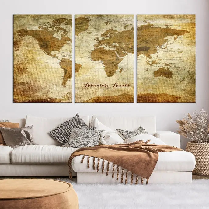 A Dark Theme World Map wall art canvas print, featuring the inspiring text "Adventure Awaits," hangs in this modern room. The map is crafted from museum-quality canvas and coated for UV protection, making it ready to hang.