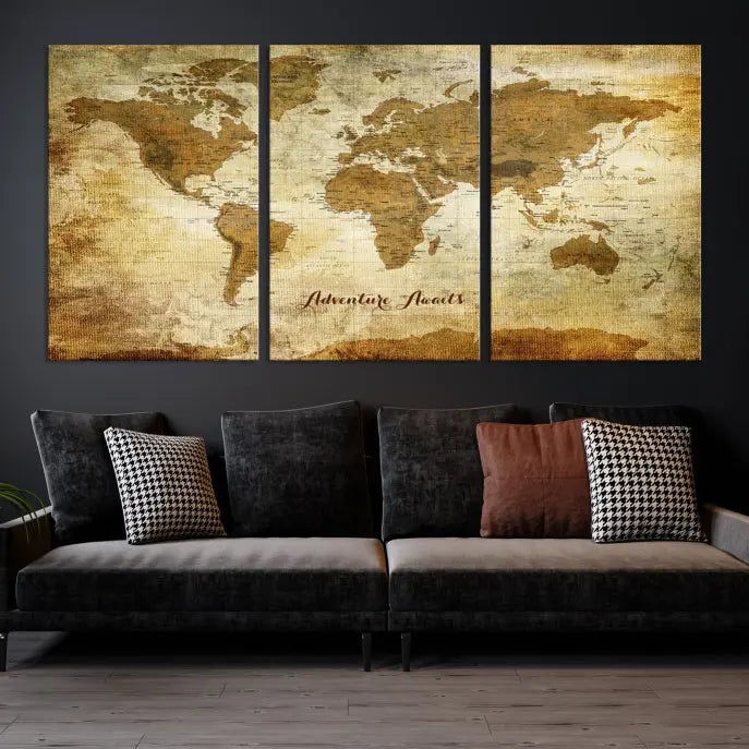 A Dark Theme World Map wall art canvas print, featuring the inspiring text "Adventure Awaits," hangs in this modern room. The map is crafted from museum-quality canvas and coated for UV protection, making it ready to hang.