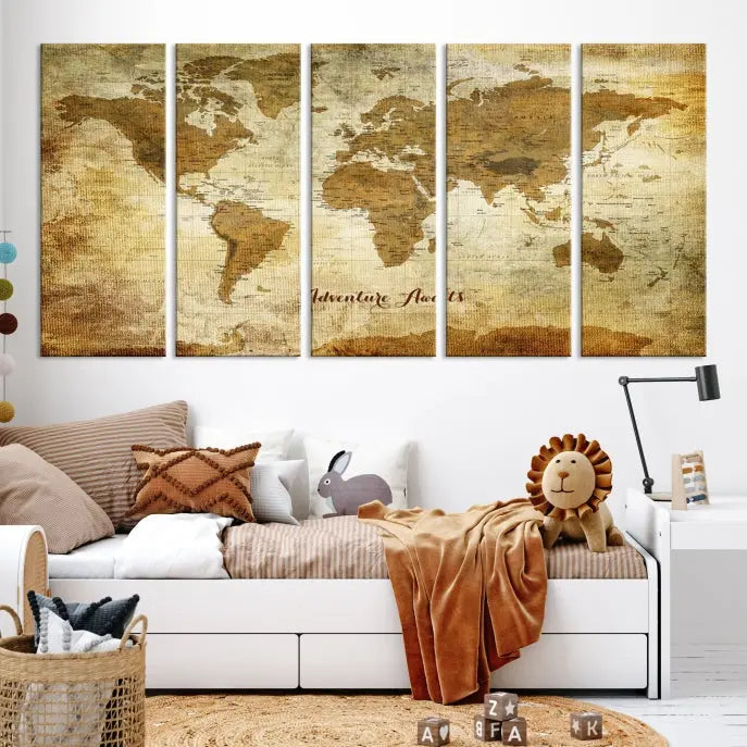 A Dark Theme World Map wall art canvas print, featuring the inspiring text "Adventure Awaits," hangs in this modern room. The map is crafted from museum-quality canvas and coated for UV protection, making it ready to hang.