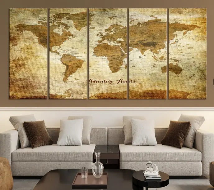 A Dark Theme World Map wall art canvas print, featuring the inspiring text "Adventure Awaits," hangs in this modern room. The map is crafted from museum-quality canvas and coated for UV protection, making it ready to hang.