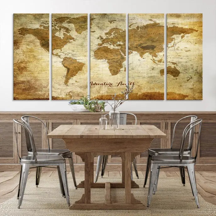 A Dark Theme World Map wall art canvas print, featuring the inspiring text "Adventure Awaits," hangs in this modern room. The map is crafted from museum-quality canvas and coated for UV protection, making it ready to hang.