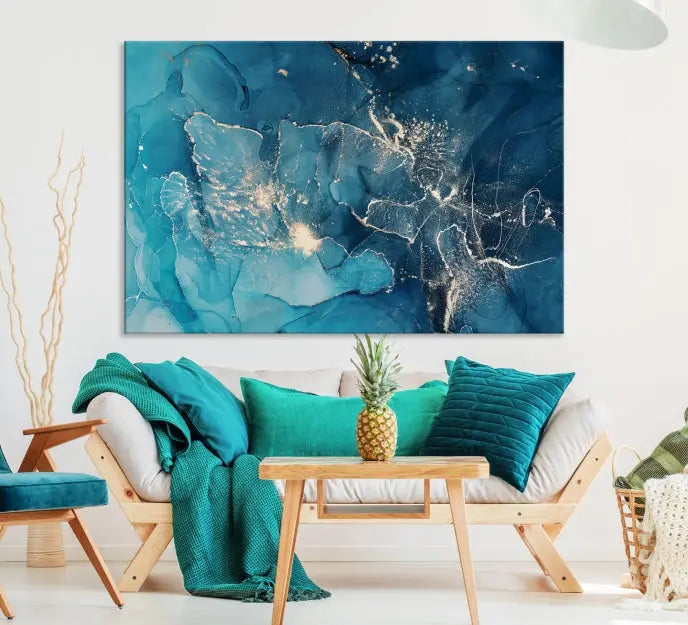 The wall is adorned with a triptych of abstract paintings titled "Dark Turquoise Marble Fluid Effect Wall Art Abstract Canvas Wall Art Print." These museum-quality canvases are ready to hang and feature a UV-protective coating to ensure lasting brilliance.