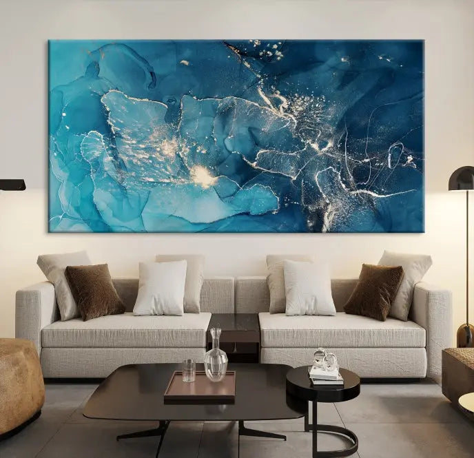 The wall is adorned with a triptych of abstract paintings titled "Dark Turquoise Marble Fluid Effect Wall Art Abstract Canvas Wall Art Print." These museum-quality canvases are ready to hang and feature a UV-protective coating to ensure lasting brilliance.