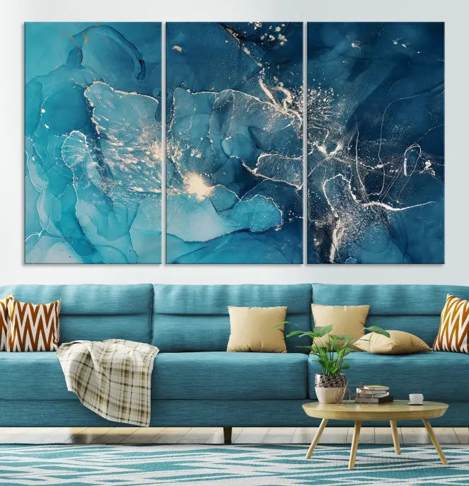 The wall is adorned with a triptych of abstract paintings titled "Dark Turquoise Marble Fluid Effect Wall Art Abstract Canvas Wall Art Print." These museum-quality canvases are ready to hang and feature a UV-protective coating to ensure lasting brilliance.