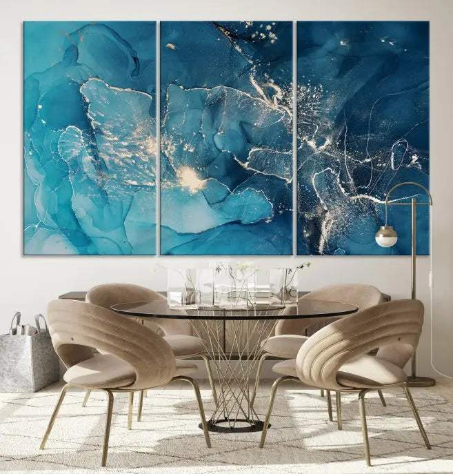 The wall is adorned with a triptych of abstract paintings titled "Dark Turquoise Marble Fluid Effect Wall Art Abstract Canvas Wall Art Print." These museum-quality canvases are ready to hang and feature a UV-protective coating to ensure lasting brilliance.