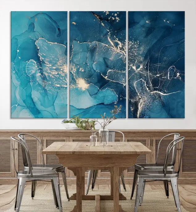 The wall is adorned with a triptych of abstract paintings titled "Dark Turquoise Marble Fluid Effect Wall Art Abstract Canvas Wall Art Print." These museum-quality canvases are ready to hang and feature a UV-protective coating to ensure lasting brilliance.