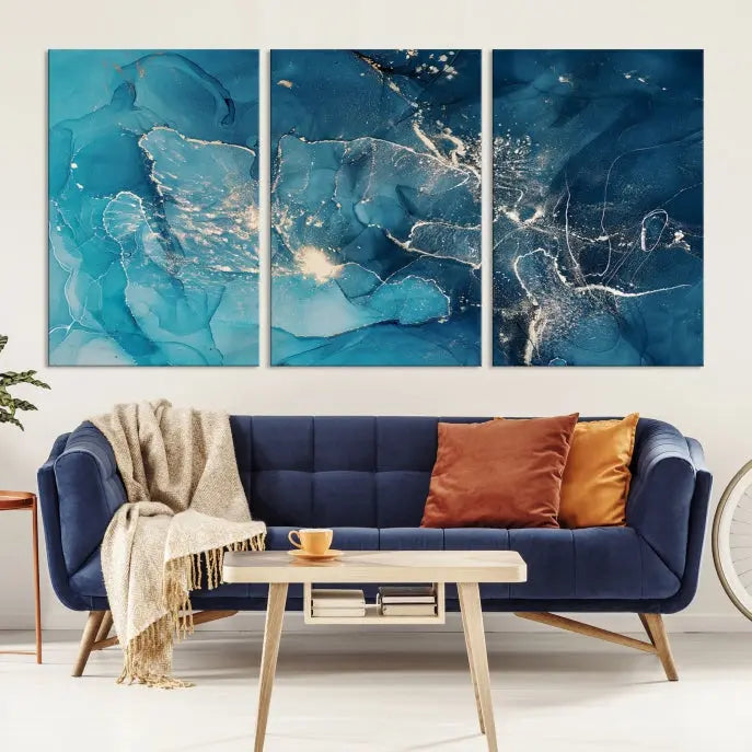 The wall is adorned with a triptych of abstract paintings titled "Dark Turquoise Marble Fluid Effect Wall Art Abstract Canvas Wall Art Print." These museum-quality canvases are ready to hang and feature a UV-protective coating to ensure lasting brilliance.