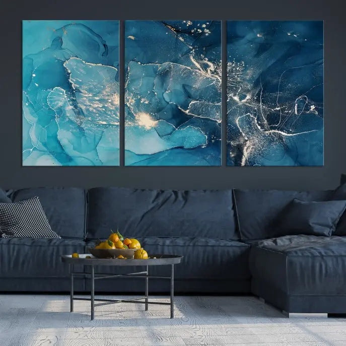 The wall is adorned with a triptych of abstract paintings titled "Dark Turquoise Marble Fluid Effect Wall Art Abstract Canvas Wall Art Print." These museum-quality canvases are ready to hang and feature a UV-protective coating to ensure lasting brilliance.