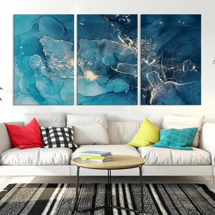 The wall is adorned with a triptych of abstract paintings titled "Dark Turquoise Marble Fluid Effect Wall Art Abstract Canvas Wall Art Print." These museum-quality canvases are ready to hang and feature a UV-protective coating to ensure lasting brilliance.