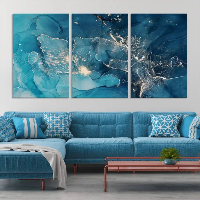 The wall is adorned with a triptych of abstract paintings titled "Dark Turquoise Marble Fluid Effect Wall Art Abstract Canvas Wall Art Print." These museum-quality canvases are ready to hang and feature a UV-protective coating to ensure lasting brilliance.