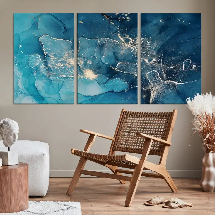 The wall is adorned with a triptych of abstract paintings titled "Dark Turquoise Marble Fluid Effect Wall Art Abstract Canvas Wall Art Print." These museum-quality canvases are ready to hang and feature a UV-protective coating to ensure lasting brilliance.