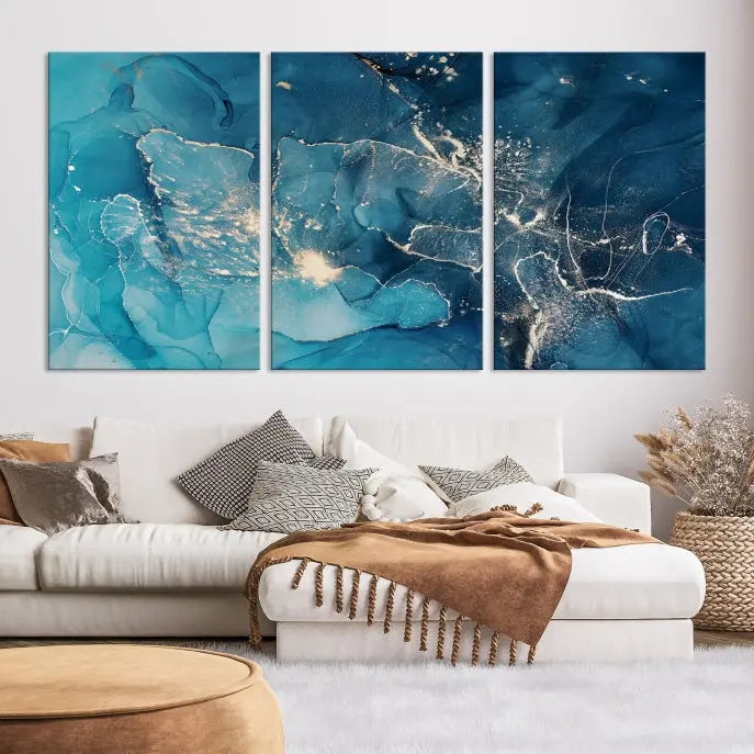 The wall is adorned with a triptych of abstract paintings titled "Dark Turquoise Marble Fluid Effect Wall Art Abstract Canvas Wall Art Print." These museum-quality canvases are ready to hang and feature a UV-protective coating to ensure lasting brilliance.