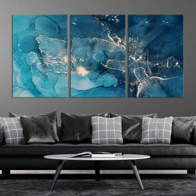 The wall is adorned with a triptych of abstract paintings titled "Dark Turquoise Marble Fluid Effect Wall Art Abstract Canvas Wall Art Print." These museum-quality canvases are ready to hang and feature a UV-protective coating to ensure lasting brilliance.