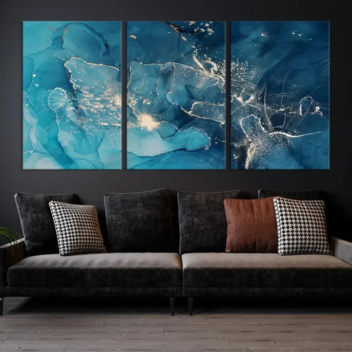 The wall is adorned with a triptych of abstract paintings titled "Dark Turquoise Marble Fluid Effect Wall Art Abstract Canvas Wall Art Print." These museum-quality canvases are ready to hang and feature a UV-protective coating to ensure lasting brilliance.