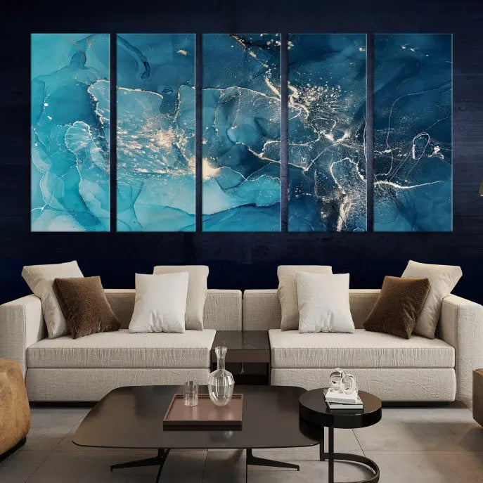 The wall is adorned with a triptych of abstract paintings titled "Dark Turquoise Marble Fluid Effect Wall Art Abstract Canvas Wall Art Print." These museum-quality canvases are ready to hang and feature a UV-protective coating to ensure lasting brilliance.