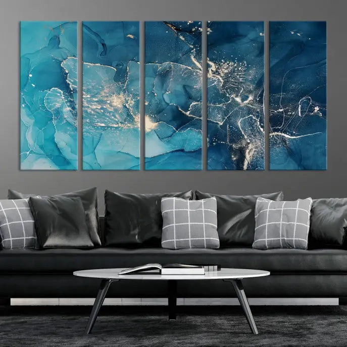 The wall is adorned with a triptych of abstract paintings titled "Dark Turquoise Marble Fluid Effect Wall Art Abstract Canvas Wall Art Print." These museum-quality canvases are ready to hang and feature a UV-protective coating to ensure lasting brilliance.