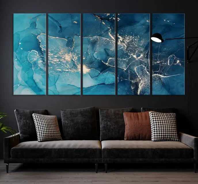 The wall is adorned with a triptych of abstract paintings titled "Dark Turquoise Marble Fluid Effect Wall Art Abstract Canvas Wall Art Print." These museum-quality canvases are ready to hang and feature a UV-protective coating to ensure lasting brilliance.